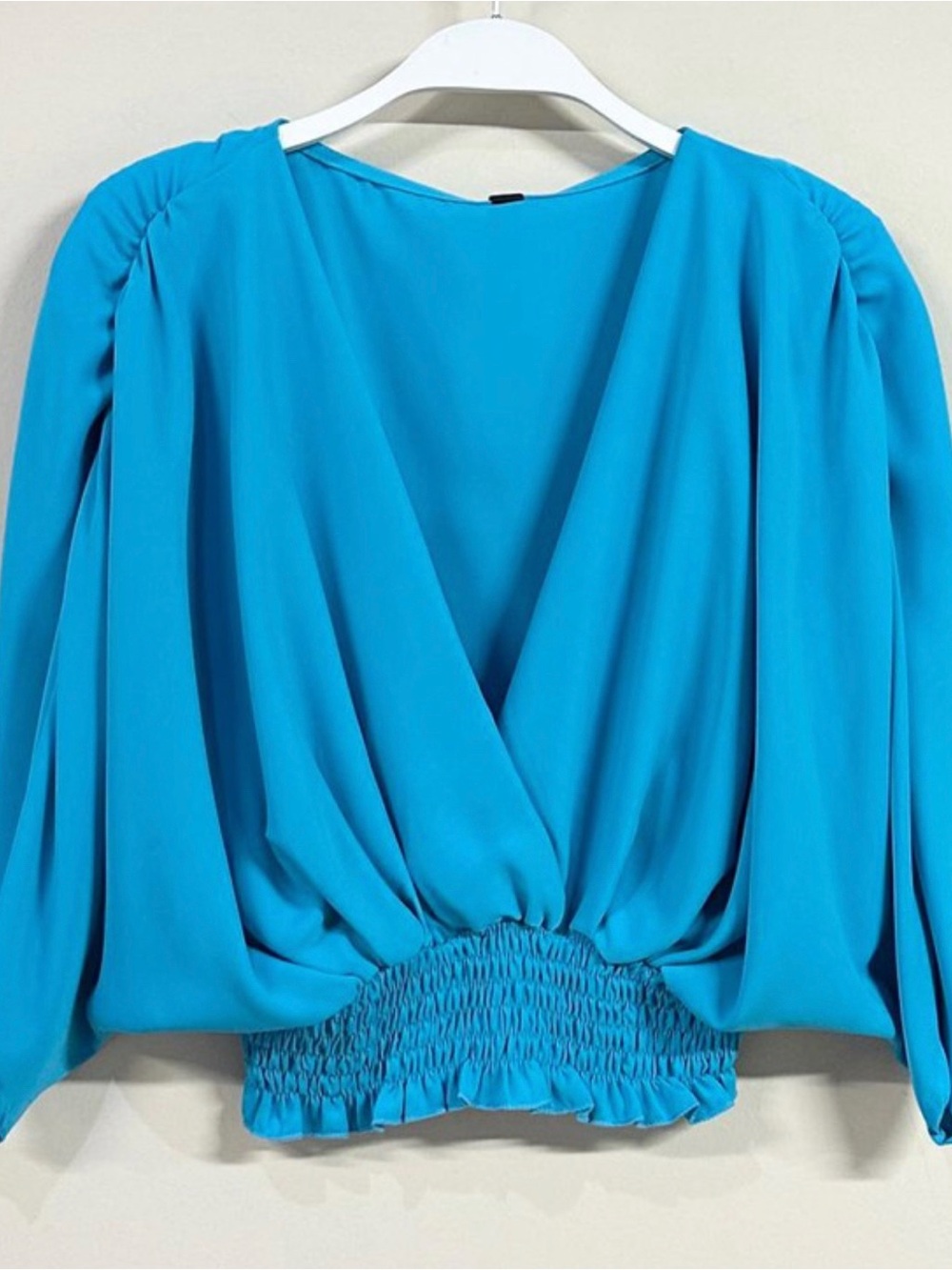 Smocked-Hem V-Neck Blouse in Turquoise Blue